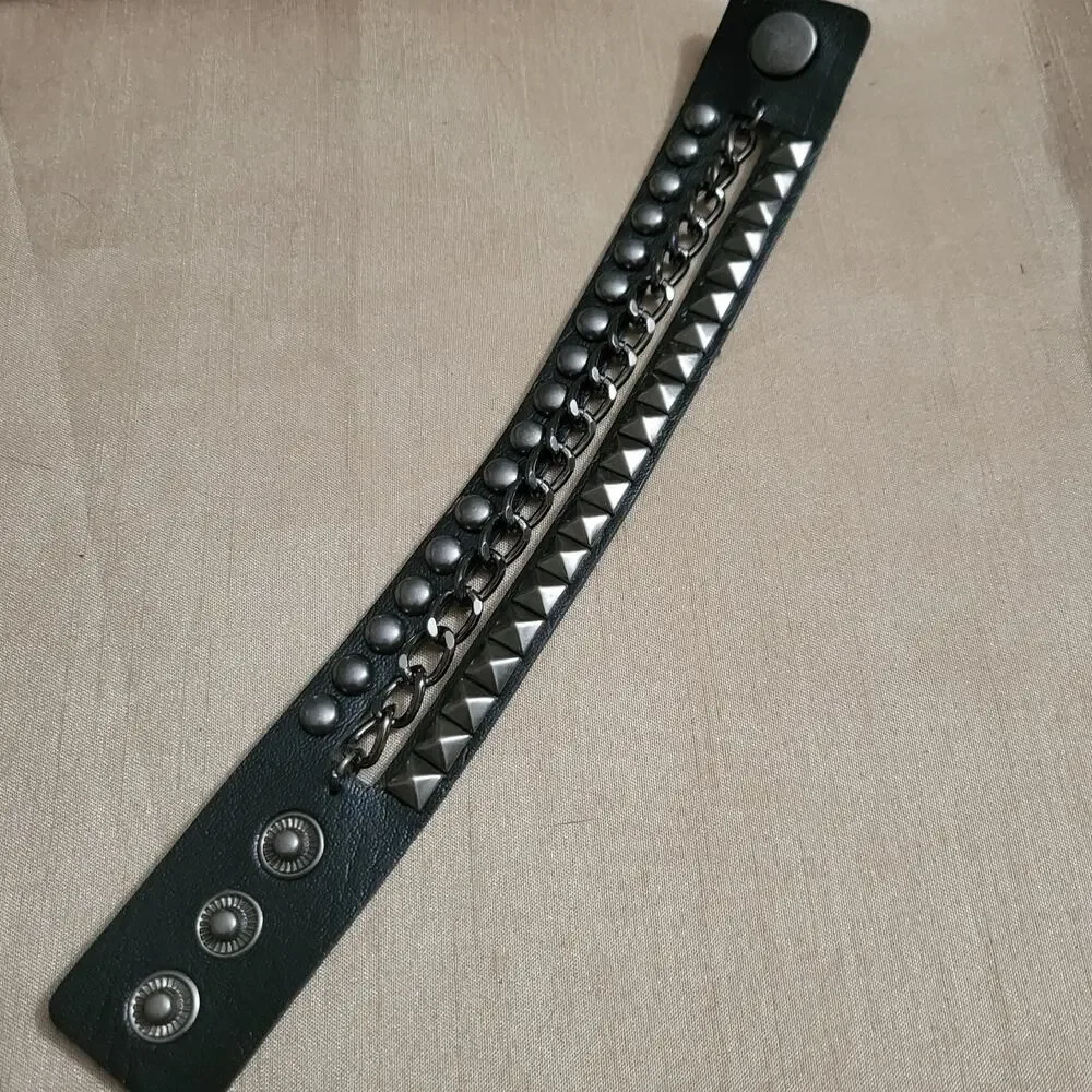 2 piece gothic studded black synthetic leather bracelet set with heart & chains